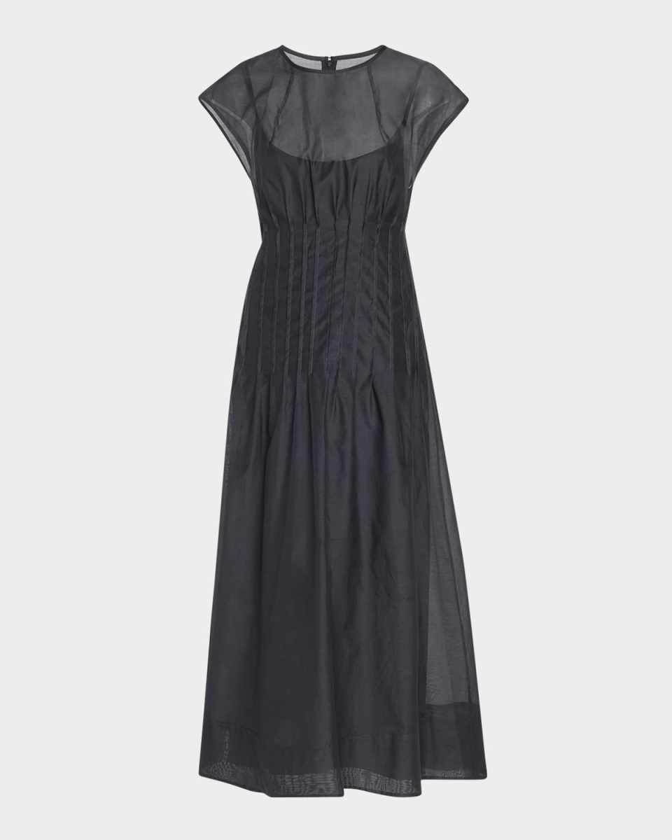Cap-Sleeve Pintuck Midi Dress